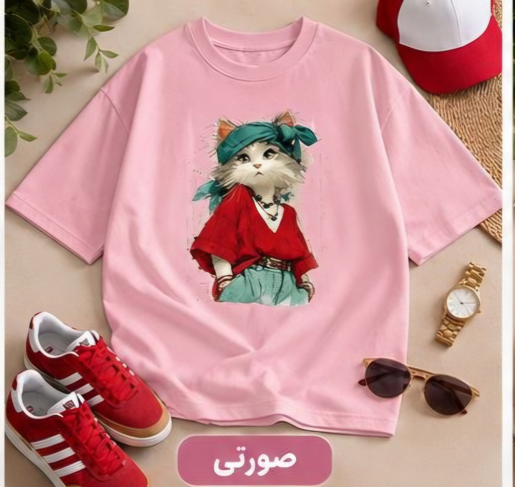 تیشرت باکسی نخی زنانه طرح گربه فری سایز مناسب سایز 36تا44